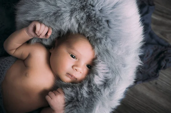 Close Portrait Baby Boy Lying Fur — Stock Photo, Image