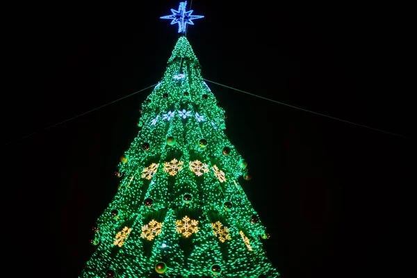 Vista Grande Árvore Natal Com Guirlandas Brilhantes Rua Gomel Bielorrússia — Fotografia de Stock