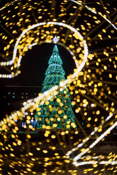 Vista Grande Árvore Natal Com Guirlandas Brilhantes Rua Gomel Bielorrússia — Fotografia de Stock