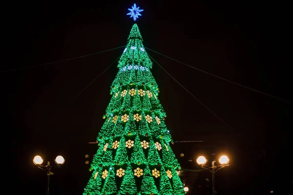 Vista Grande Árvore Natal Com Guirlandas Brilhantes Rua Gomel Bielorrússia — Fotografia de Stock