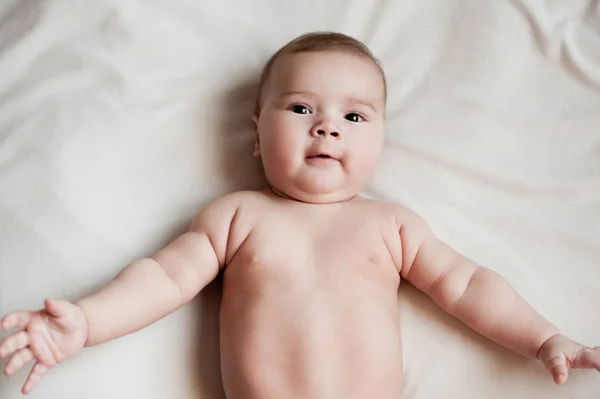 Portrait Baby Boy Lying White Bedding — Stock Photo, Image