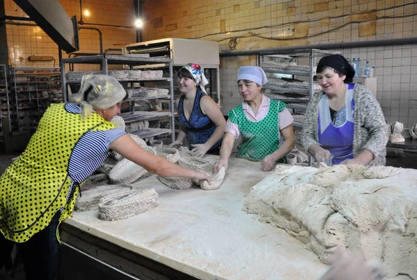 Chortkiv Ternopil Ucrânia Janeiro 2015 Chortkiv Padaria Trabalhadores Preparar Uma — Fotografia de Stock