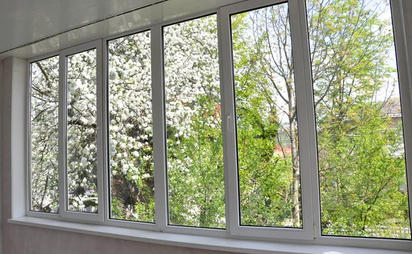 Metal Plastic Windows Loggia View Interior Middle Blossom Apple — Stock Photo, Image