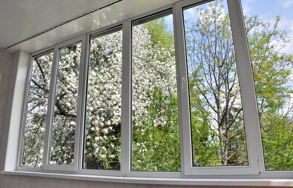 Loggia metal plastik pencereler. Görünüm iç çiçeği apple dışında orta