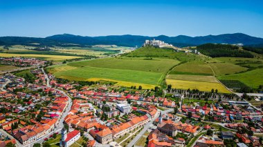 Uzak tepe şatosunun yakınındaki yeşil tarlaları çevreleyen renkli çatılar