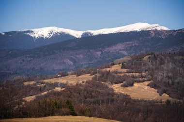 Yuvarlanan tepeler uzak karlı dağlara doğru gidiyor.