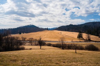 Uzak dağların yakınındaki bulutlu gökyüzünün altında yuvarlanan çimenli tepeler.