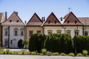 Yeşil çalıların arkasında üçgen çatılar bulunan tarihi Avrupa binaları