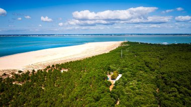Hava manzarası kumlu kumsalın yemyeşil orman kıyılarıyla buluştuğunu gösteriyor.