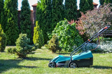 Bahçe işleri konsepti. Küçük bir bahçede çim biçme makinesi ve taze kesilmiş yeşil çimenler. Uzayı kopyala Seçici odak.