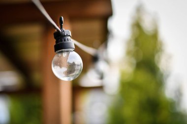 Arka bahçedeki dekorasyon için retro ampul ipini kapat. Seçici odak.