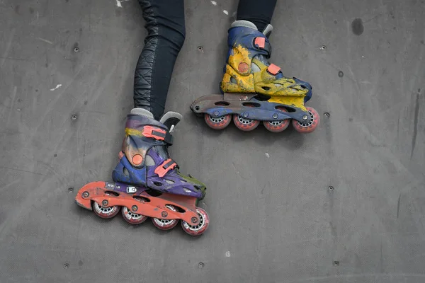 Top View Colorful Painted Roller Skates Grunge Grey Outdoor Background — Stock Photo, Image
