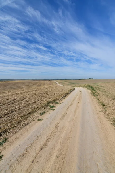 Toprak yolun sonbahar manzarası tarımsal tarlaların arasından geçiyor, inanılmaz mavi gökyüzünün arka planı. Boşluğu kopyala.
