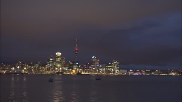 Noche Tiempo Panorámica Derecha Vista Del Centro Auckland Nueva Zelanda — Vídeos de Stock