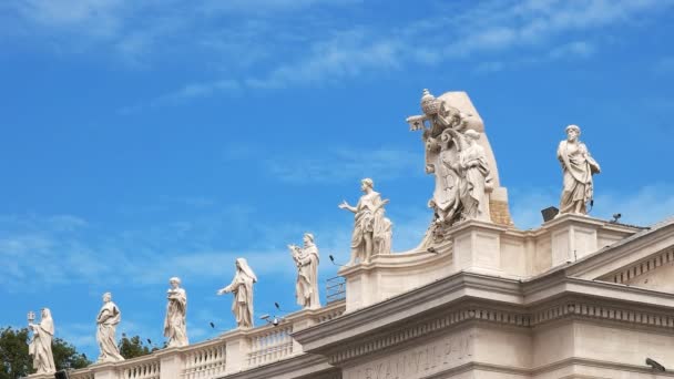 在意大利罗马的圣彼得广场周围的柱子上的雕像的近距离视图 — 图库视频影像