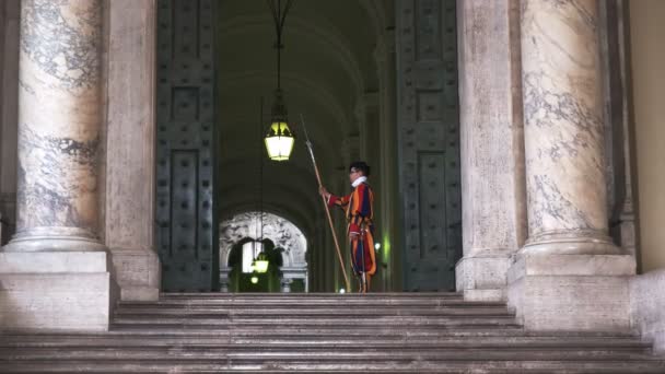 Vatican Staten September 2015 Zoom Skott Schweizergardet Jourhavande Petersplatsen Rom — Stockvideo