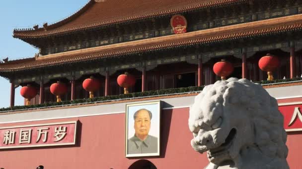 Alter Steinlöwe Und Mao Zedong Porträt Eingang Zur Verbotenen Stadt — Stockvideo