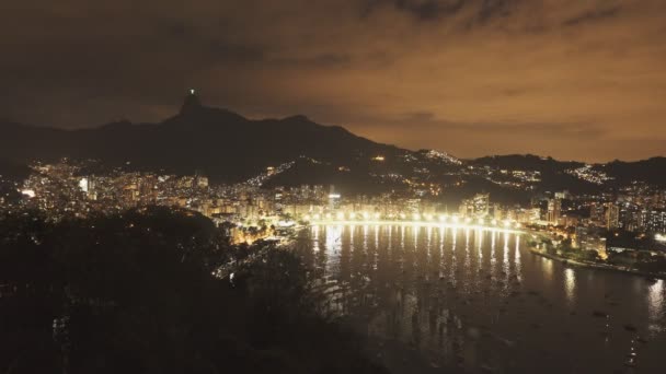 Night View Botafogo Corcovado Sugarloaf Mountain Rio Janeiro Brazil — Stock Video