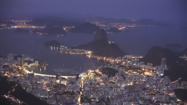 Nachtaufnahme Von Botafogo Zuckerhut Und Copacabana Strand Rio Janeiro Brasilien — Stockvideo