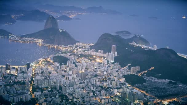 Plano Nocturno Ángulo Medio Botafogo Montaña Pan Azúcar Cristo Redentor — Vídeo de stock