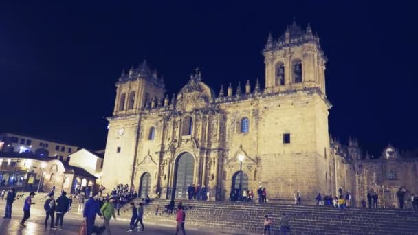 Cusco Peru Juni 2016 Nacht Shot Van Rooms Katholieke Kathedraal — Stockvideo