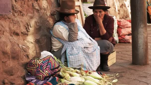 Cusco Peru June 2016 Two Women Talk While Selling Corn — Stock Video