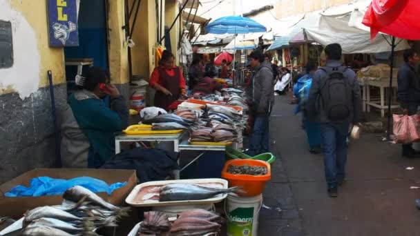 Cusco Peru Juni 2016 Weite Sicht Auf Fischhändler Die Frischen — Stockvideo