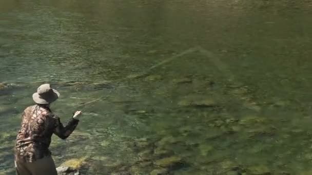 High Angle Shot Male Fly Fisherman Catching Large Brown Trout — Stock Video