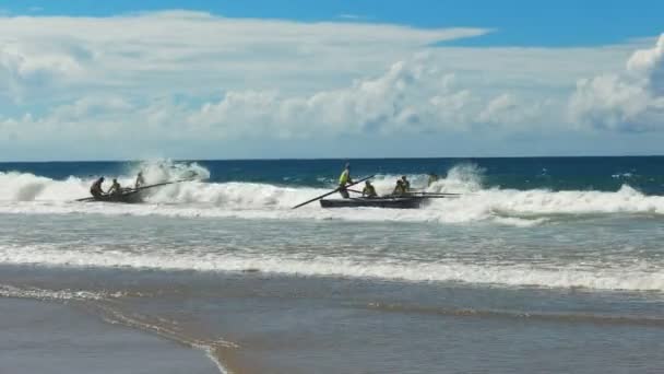 Alexandra Headland, Queensland, Avustralya- 21 Nisan 2016: Bir marshall yarışın başlangıcında sörf teknelerini hazırlar — Stok video