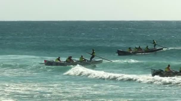Alexandra Headland, Queensland, Australien-april 21, 2016: vidvinkel utsikt över flera Surf båtar avsluta ett lopp — Stockvideo