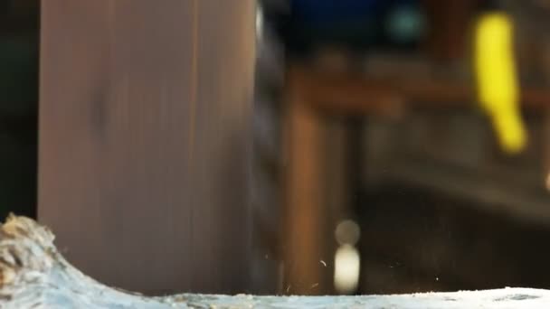 Gros plan d'une lame de scie coupant une bûche dans une usine de pins huon en tasmanie — Video