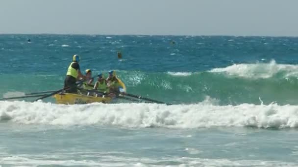 ALEXANDRA HEADLAND, QUEENSLAND, AUSTRALIA- 21 DE ABRIL DE 2016: regata de barcos de surf para mujeres en la costa soleada de Australia — Vídeo de stock