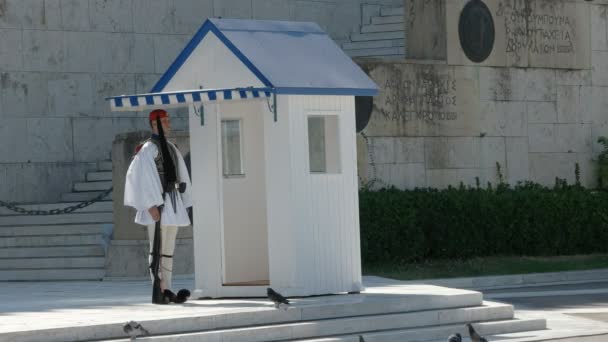 Aten, Grekland-september, 4, 2016: vakt i klänning Uniform bredvid en Sentry box på parlamentet i Aten — Stockvideo