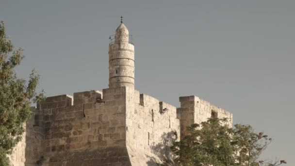 Toren van David en minaret in Old City, Jeruzalem — Stockvideo