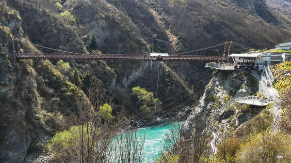 long shot of the bungy jumping at kawarau bridge