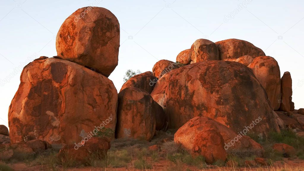 close up shot of the devils marbles in australias northern territory at dusk