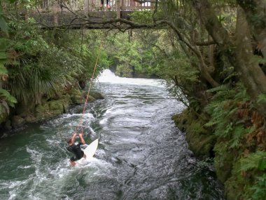 genç erkek turistler rotorua yakınlarındaki Kaituna nehri üzerinde eğlenmek için bir sörf tahtası ve ip kullanın