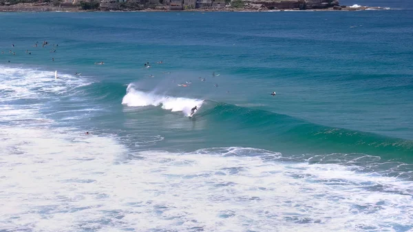Seorang peselancar mengendarai gelombang di pantai bondi, australias pantai terkenal — Stok Foto