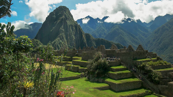 huayna picchu and the central plaza at perus lost incan city of machu picchu