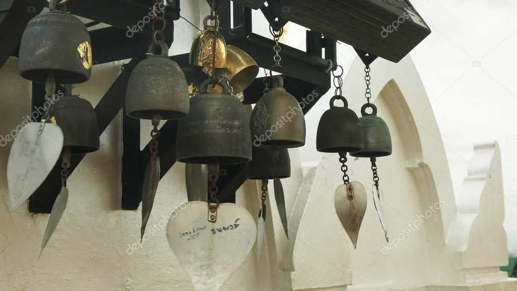 close up of small bells at wat saket temple in bangkok