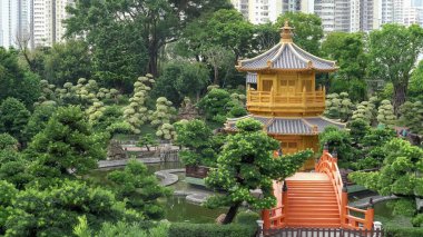 Nan Lian Garden, Hong Kong 'daki köprüden ve pavilyondan yüksek açılı çekim.