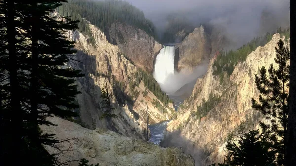 Lower falls on a foggy morning in yellowstone — Stock Photo, Image
