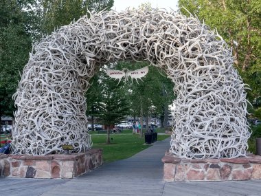 JACKSON HOLE, WYOMING, USA -AUGUST 17, 2017: an antler arch at the park in jackson hole, wyoming