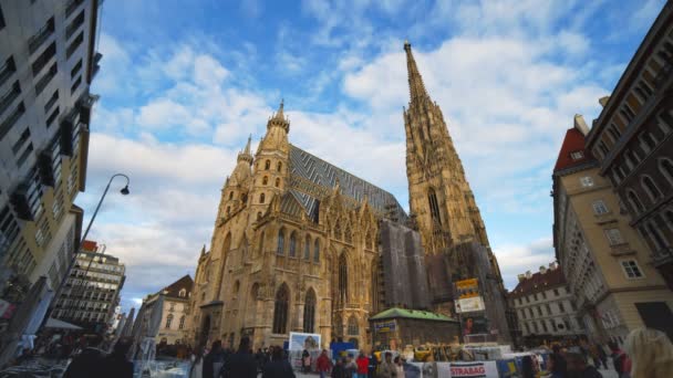 VIENNA, ΑΥΣΤΡΙΑ-ΟΚΤΩΒΡΙΟΣ, 9, 2017: Άκρως ευρεία άποψη του εξωτερικού του καθεδρικού ναού του Αγίου Στεφάνου στη Βιέννη — Αρχείο Βίντεο