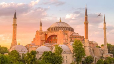 İstanbul 'da gün batımında martılar Hagia camiinin etrafında uçar.