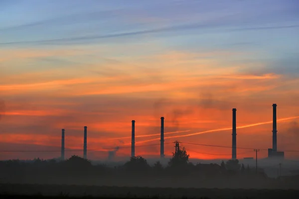 Smoke Screen Factory Chimneys Sunrise — Stock Photo, Image