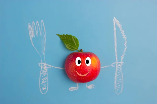apple character with knife and fork. healthy eating concept