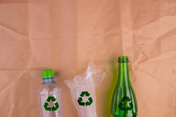 Eco Concepto Con Símbolo Reciclaje Mesa Vista Superior Fondo — Foto de Stock
