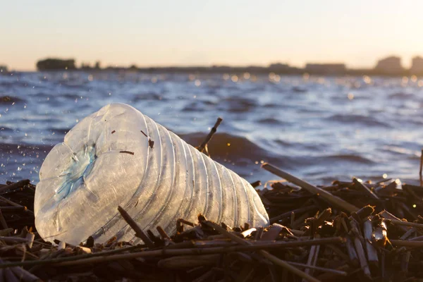 Plastic water bottles pollute ocean. bottle on the cost
