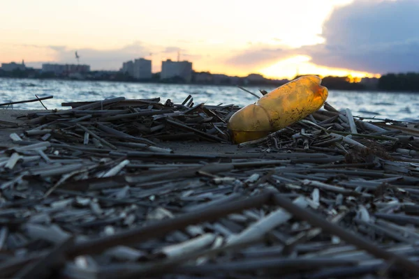 Plastic water bottles pollute ocean. bottle on the cost